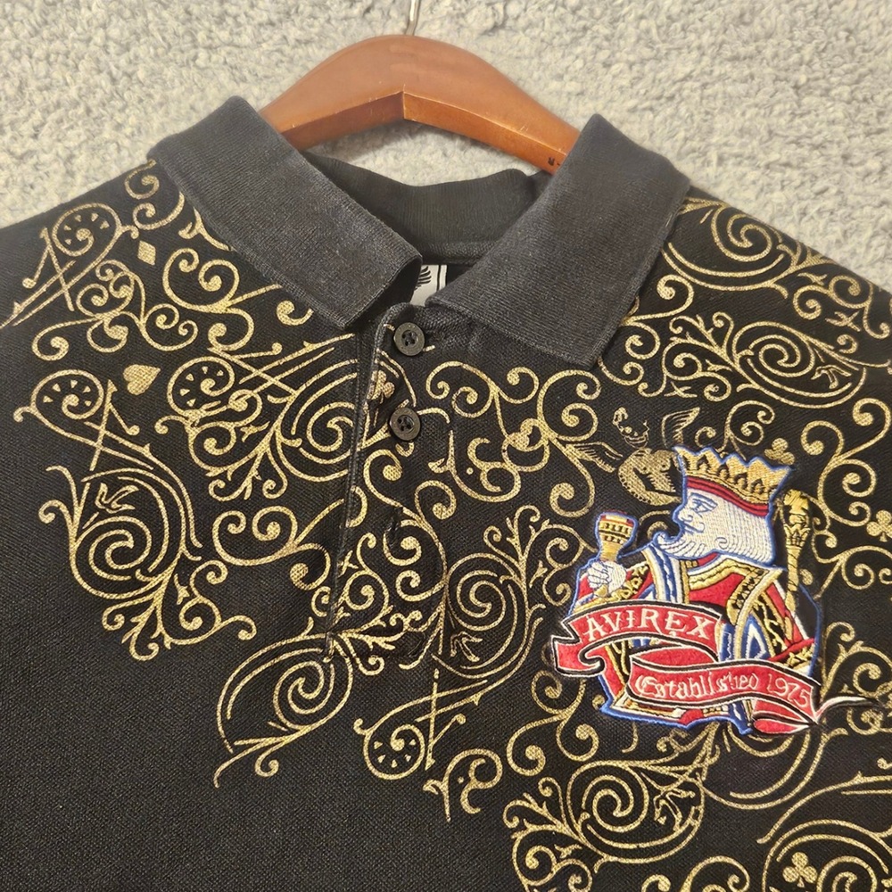 Avirex Mens Black Gold Y2K King Embroidered Polo Shirt Size Large Cotton